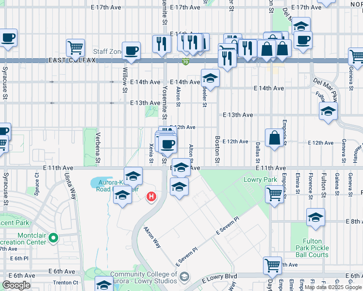 map of restaurants, bars, coffee shops, grocery stores, and more near 1170 Akron Street in Aurora