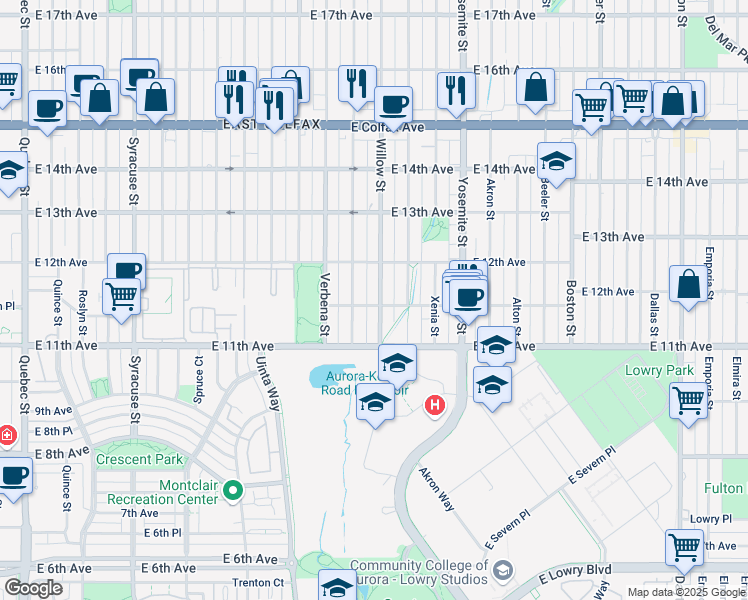map of restaurants, bars, coffee shops, grocery stores, and more near 1174 Wabash Street in Denver