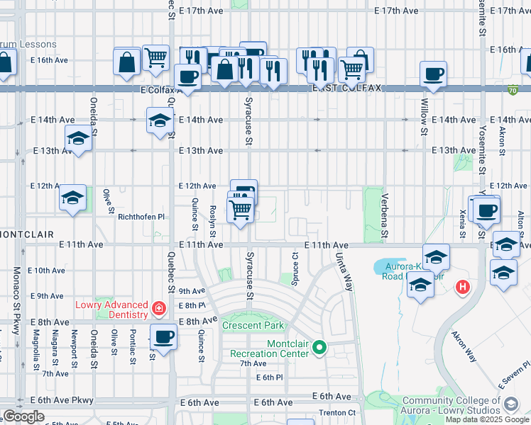 map of restaurants, bars, coffee shops, grocery stores, and more near 1150 Syracuse Street in Denver