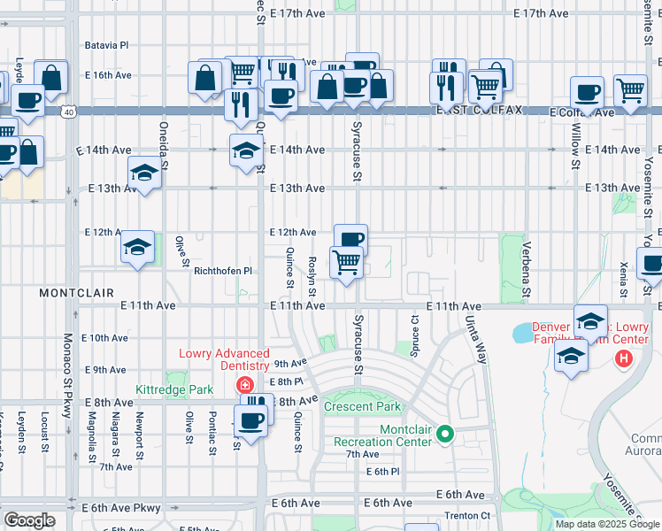map of restaurants, bars, coffee shops, grocery stores, and more near 1174 Rosemary Street in Denver