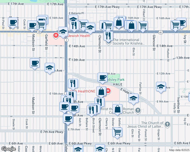 map of restaurants, bars, coffee shops, grocery stores, and more near 4455 East 12th Avenue in Denver