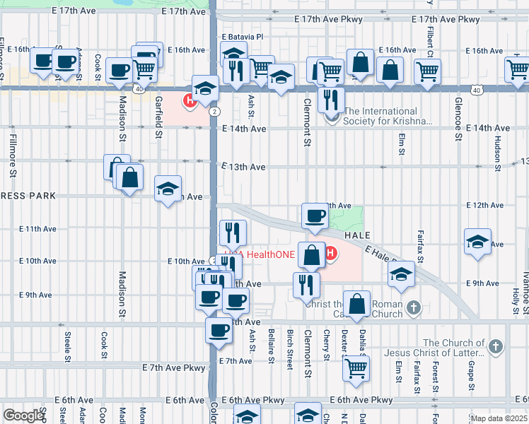 map of restaurants, bars, coffee shops, grocery stores, and more near 1210 Bellaire Street in Denver