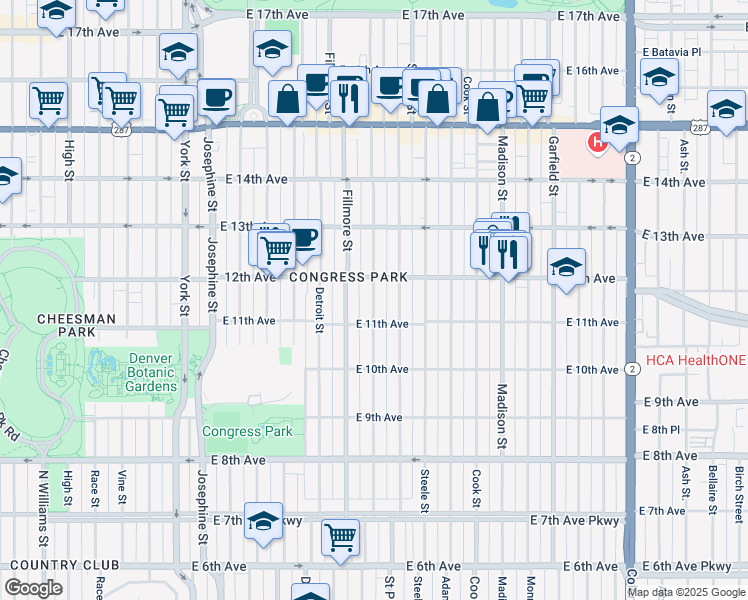 map of restaurants, bars, coffee shops, grocery stores, and more near 2930 East 12th Avenue in Denver