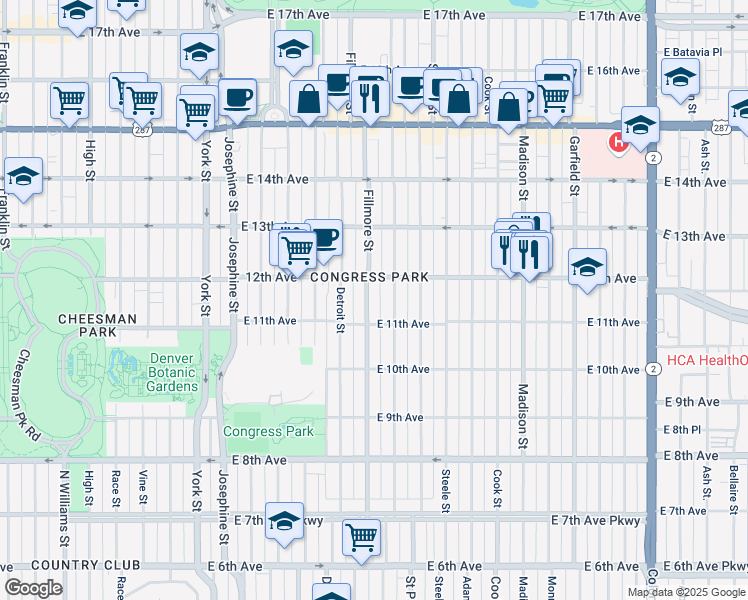 map of restaurants, bars, coffee shops, grocery stores, and more near 2930 East 12th Avenue in Denver