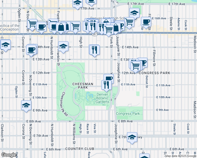 map of restaurants, bars, coffee shops, grocery stores, and more near in Denver