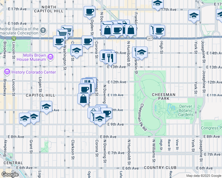map of restaurants, bars, coffee shops, grocery stores, and more near 1168 North Marion Street in Denver