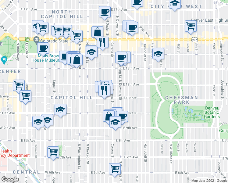 map of restaurants, bars, coffee shops, grocery stores, and more near 1165 Corona Street in Denver