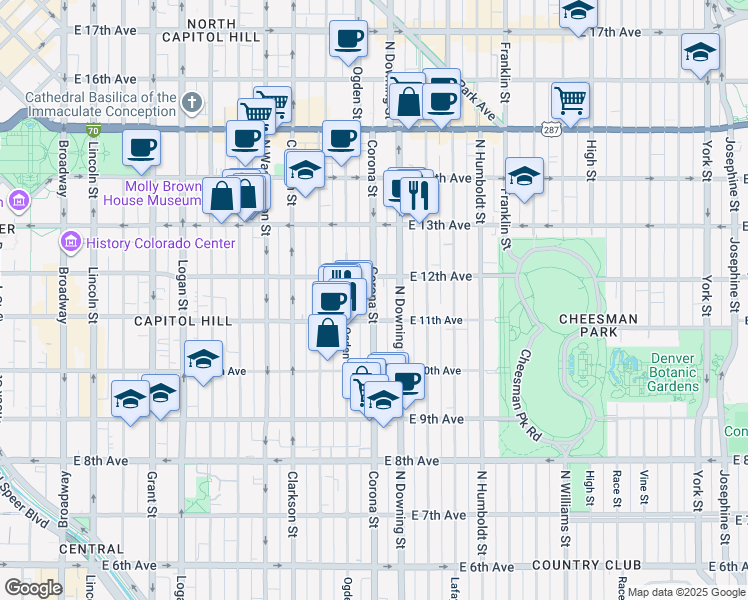 map of restaurants, bars, coffee shops, grocery stores, and more near 1165 Corona Street in Denver