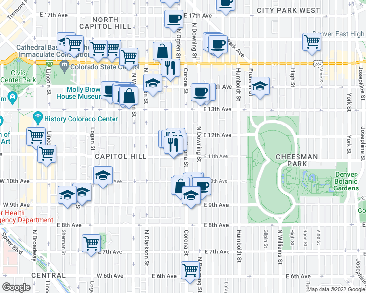 map of restaurants, bars, coffee shops, grocery stores, and more near 1165 Corona Street in Denver
