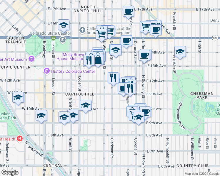 map of restaurants, bars, coffee shops, grocery stores, and more near 810 East 12th Avenue in Denver