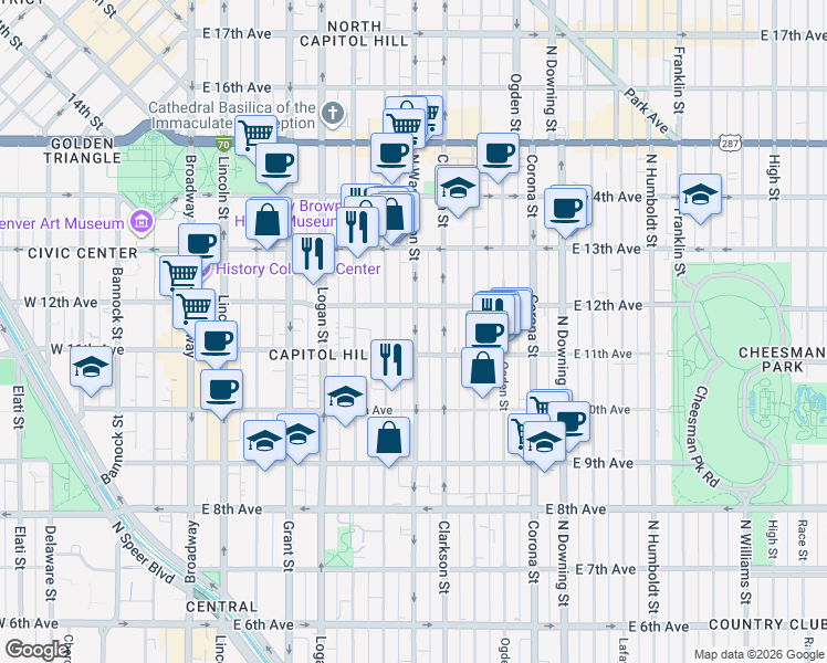 map of restaurants, bars, coffee shops, grocery stores, and more near in Denver