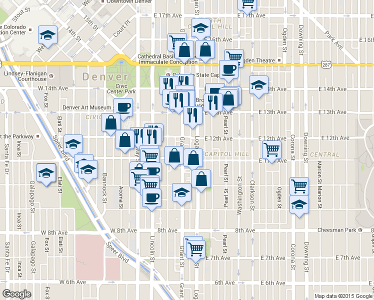map of restaurants, bars, coffee shops, grocery stores, and more near 1196 Grant Street in Denver