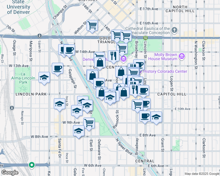 map of restaurants, bars, coffee shops, grocery stores, and more near in Denver