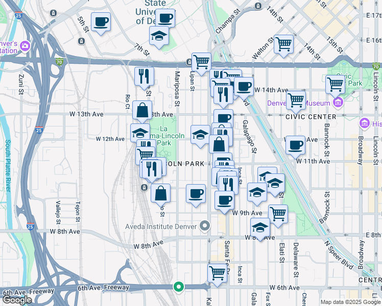 map of restaurants, bars, coffee shops, grocery stores, and more near 1157 Lipan Street in Denver