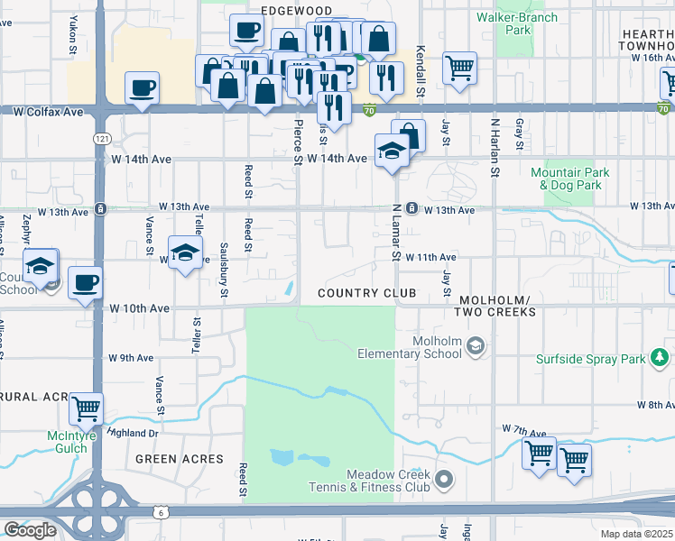map of restaurants, bars, coffee shops, grocery stores, and more near 6690 West 12th Place in Lakewood