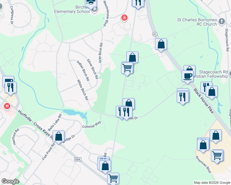 map of restaurants, bars, coffee shops, grocery stores, and more near 195 Fries Mill Road in Washington Township
