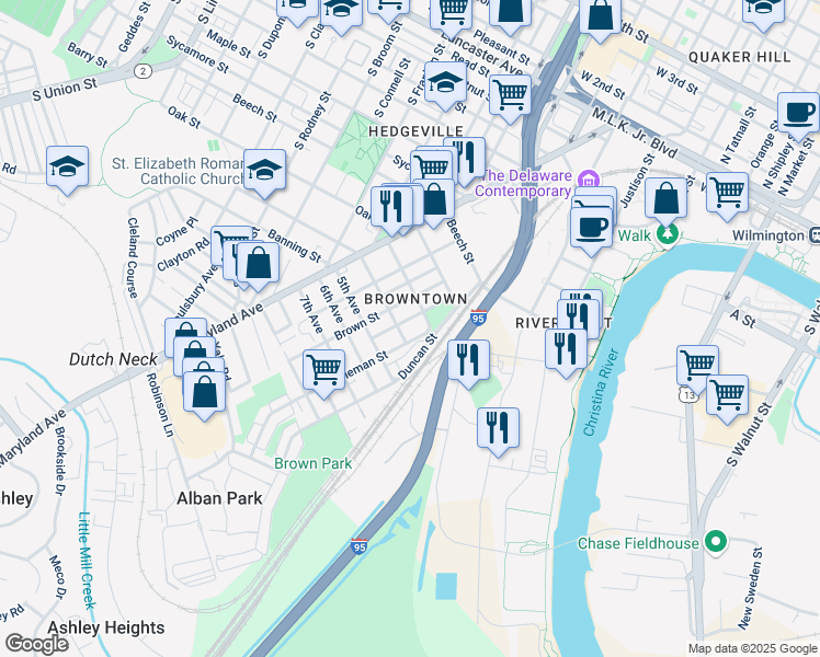 map of restaurants, bars, coffee shops, grocery stores, and more near in Wilmington