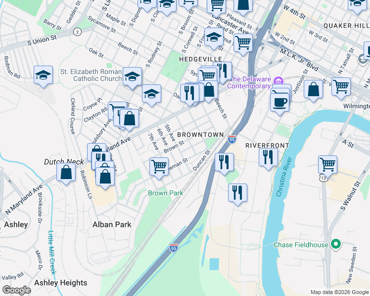 map of restaurants, bars, coffee shops, grocery stores, and more near 1005 Brown Street in Wilmington