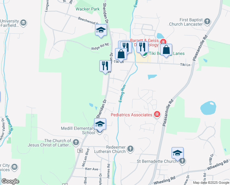 map of restaurants, bars, coffee shops, grocery stores, and more near 1366 Sheridan Drive in Lancaster