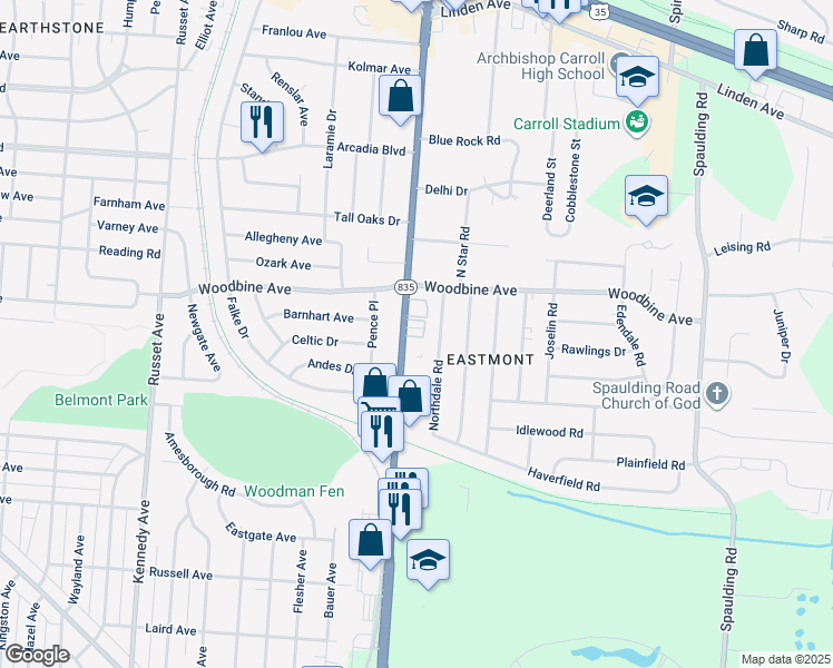 map of restaurants, bars, coffee shops, grocery stores, and more near 1570 Woodman Drive in Dayton