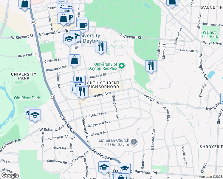 map of restaurants, bars, coffee shops, grocery stores, and more near 442 Lowes Street in Dayton