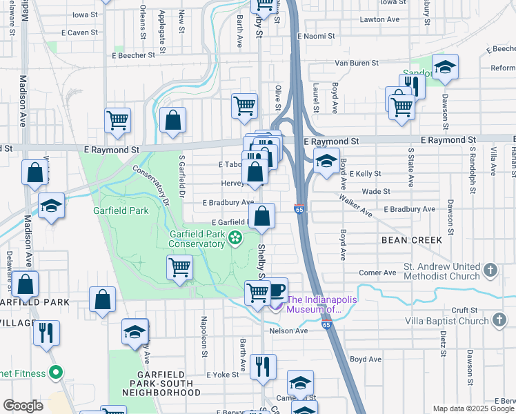 map of restaurants, bars, coffee shops, grocery stores, and more near 1040 East Bradbury Avenue in Indianapolis