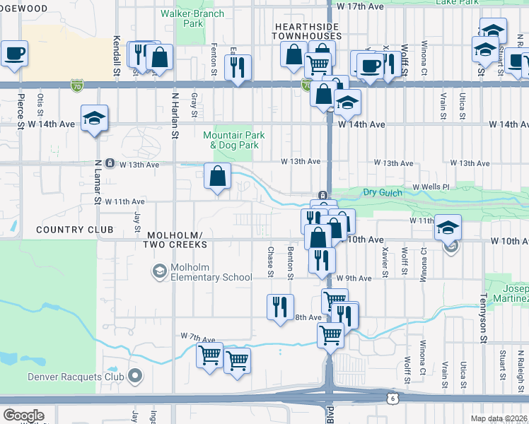 map of restaurants, bars, coffee shops, grocery stores, and more near 5537 West 11th Place in Lakewood