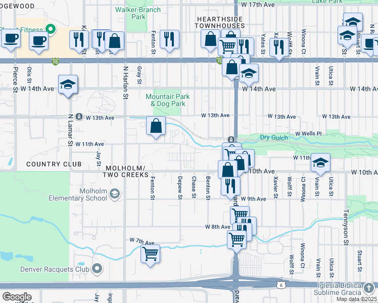 map of restaurants, bars, coffee shops, grocery stores, and more near 5541 West 11th Place in Lakewood