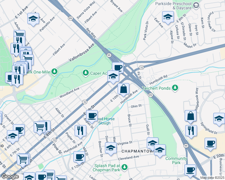 map of restaurants, bars, coffee shops, grocery stores, and more near 1368 East 9th Street in Chico