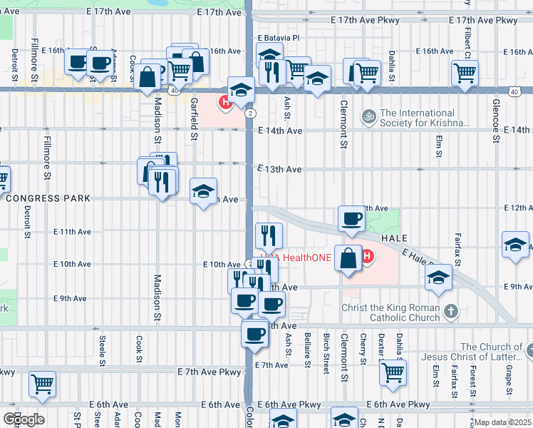 map of restaurants, bars, coffee shops, grocery stores, and more near 1175 Albion Street in Denver