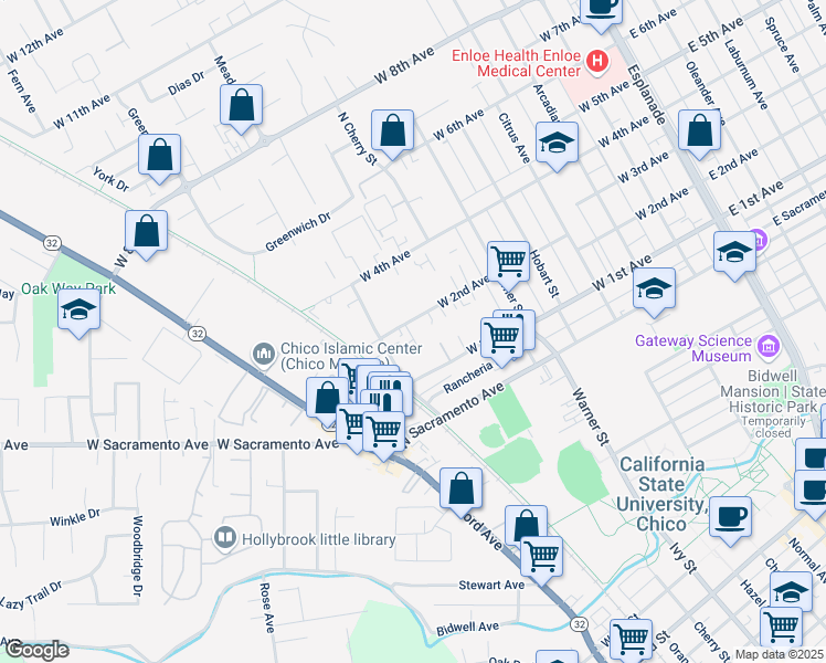 map of restaurants, bars, coffee shops, grocery stores, and more near 803 West 2nd Avenue in Chico