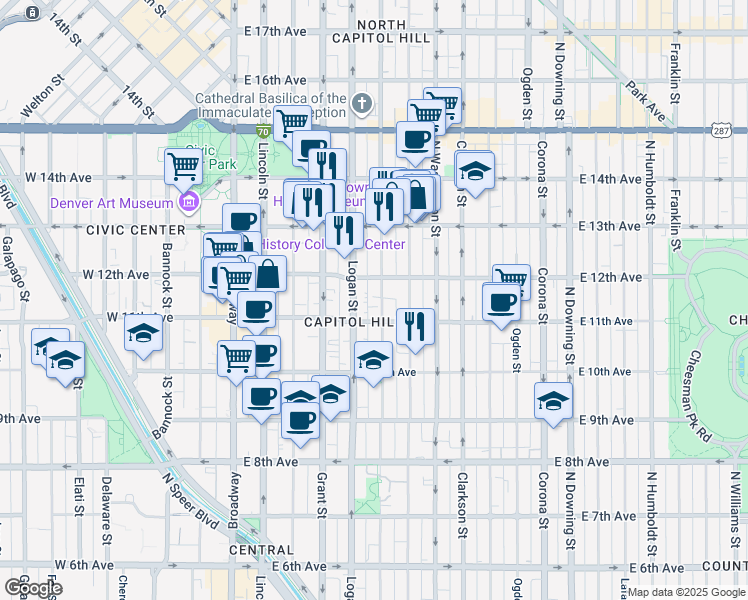 map of restaurants, bars, coffee shops, grocery stores, and more near 1170 Logan Street in Denver