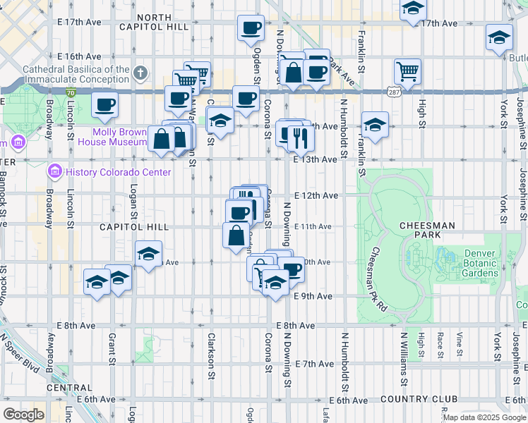 map of restaurants, bars, coffee shops, grocery stores, and more near 1165 Corona Street in Denver