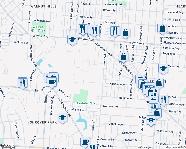 map of restaurants, bars, coffee shops, grocery stores, and more near 2323 Mapleview Avenue in Dayton