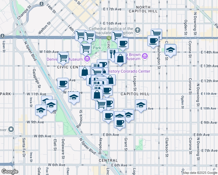 map of restaurants, bars, coffee shops, grocery stores, and more near 1141 Lincoln St in Denver