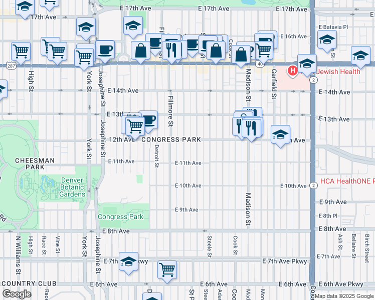 map of restaurants, bars, coffee shops, grocery stores, and more near 1140 Milwaukee Street in Denver