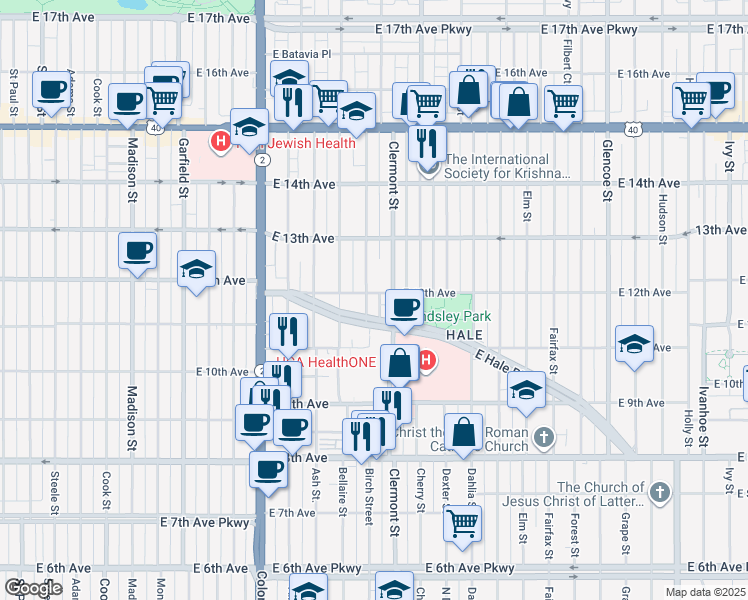 map of restaurants, bars, coffee shops, grocery stores, and more near 4455 East 12th Avenue in Denver