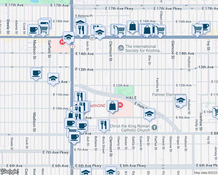 map of restaurants, bars, coffee shops, grocery stores, and more near 4455 East 12th Avenue in Denver