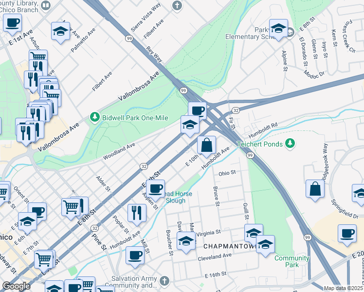 map of restaurants, bars, coffee shops, grocery stores, and more near 1280 East 9th Street in Chico