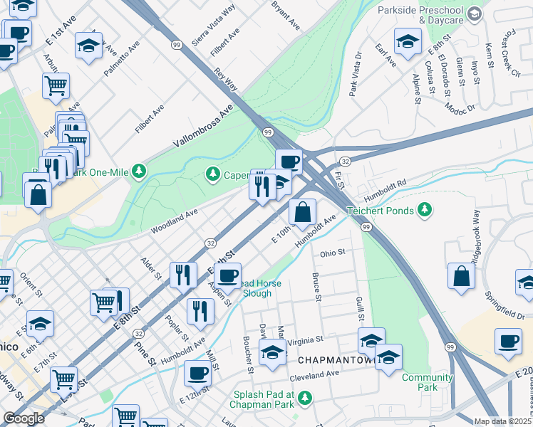 map of restaurants, bars, coffee shops, grocery stores, and more near 1280 East 9th Street in Chico