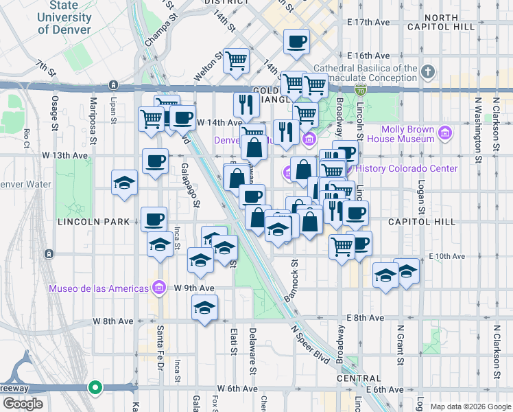 map of restaurants, bars, coffee shops, grocery stores, and more near 1164 Delaware Street in Denver