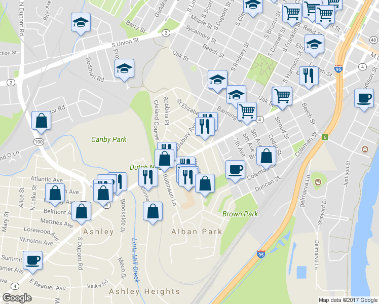 map of restaurants, bars, coffee shops, grocery stores, and more near 1705 Maryland Avenue in Wilmington