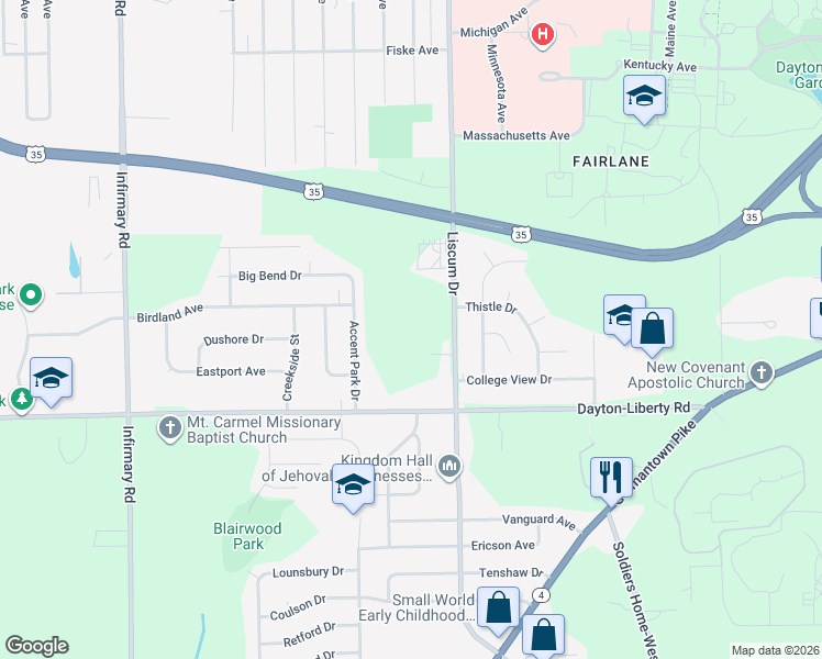 map of restaurants, bars, coffee shops, grocery stores, and more near 635 Liscum Drive in Dayton