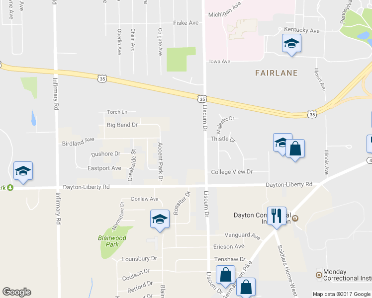 map of restaurants, bars, coffee shops, grocery stores, and more near 635 Liscum Drive in Dayton