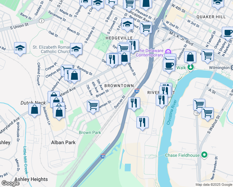 map of restaurants, bars, coffee shops, grocery stores, and more near 918 Wright Street in Wilmington