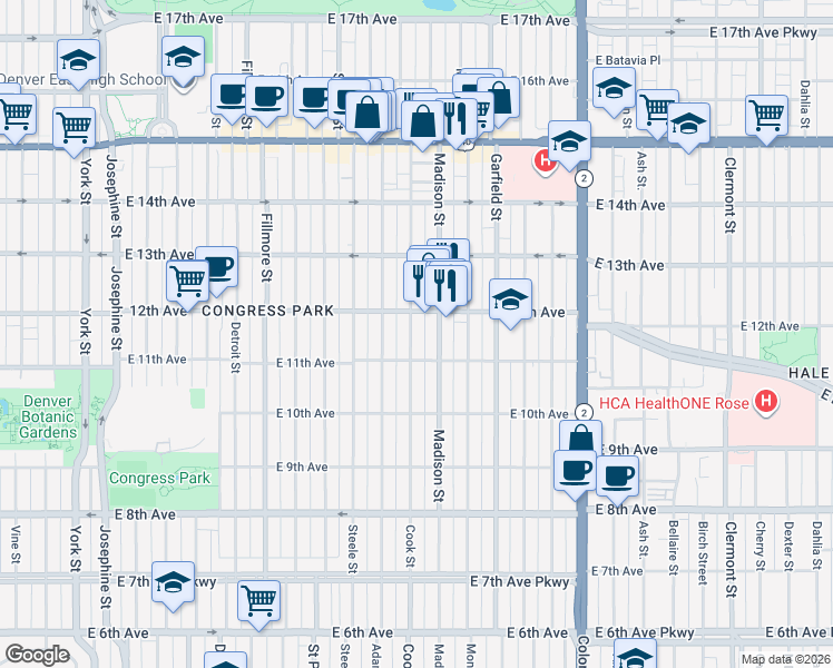 map of restaurants, bars, coffee shops, grocery stores, and more near 1175 Cook Street in Denver