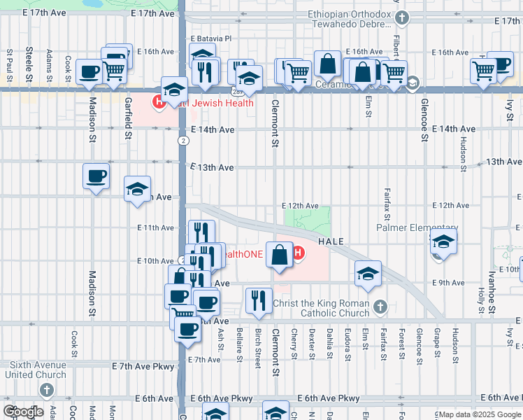 map of restaurants, bars, coffee shops, grocery stores, and more near 1190 Birch Street in Denver