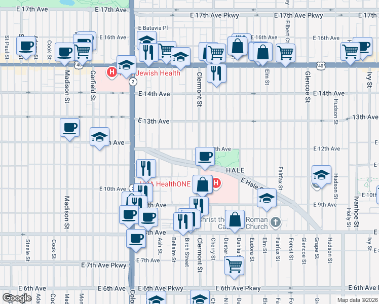 map of restaurants, bars, coffee shops, grocery stores, and more near 1190 Birch Street in Denver