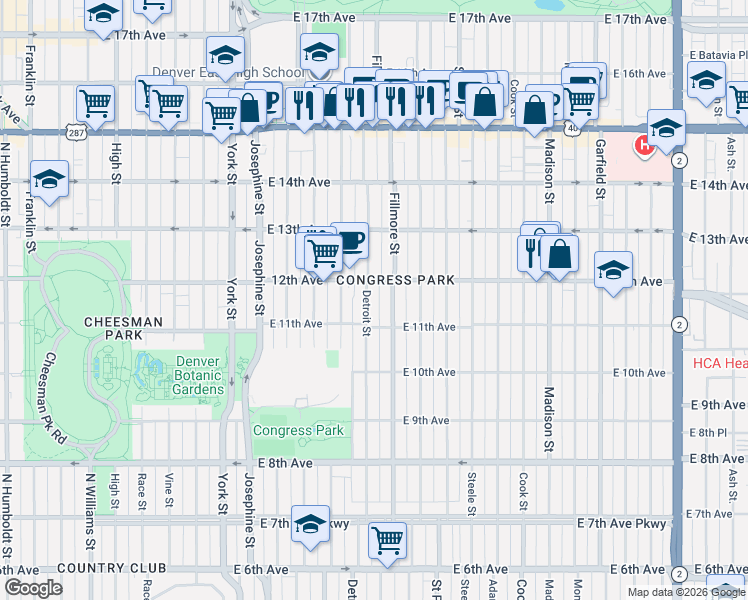 map of restaurants, bars, coffee shops, grocery stores, and more near 1150 Detroit Street in Denver
