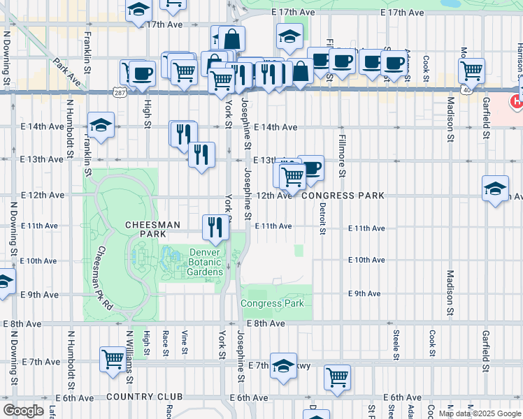 map of restaurants, bars, coffee shops, grocery stores, and more near 1137 Columbine Street in Denver